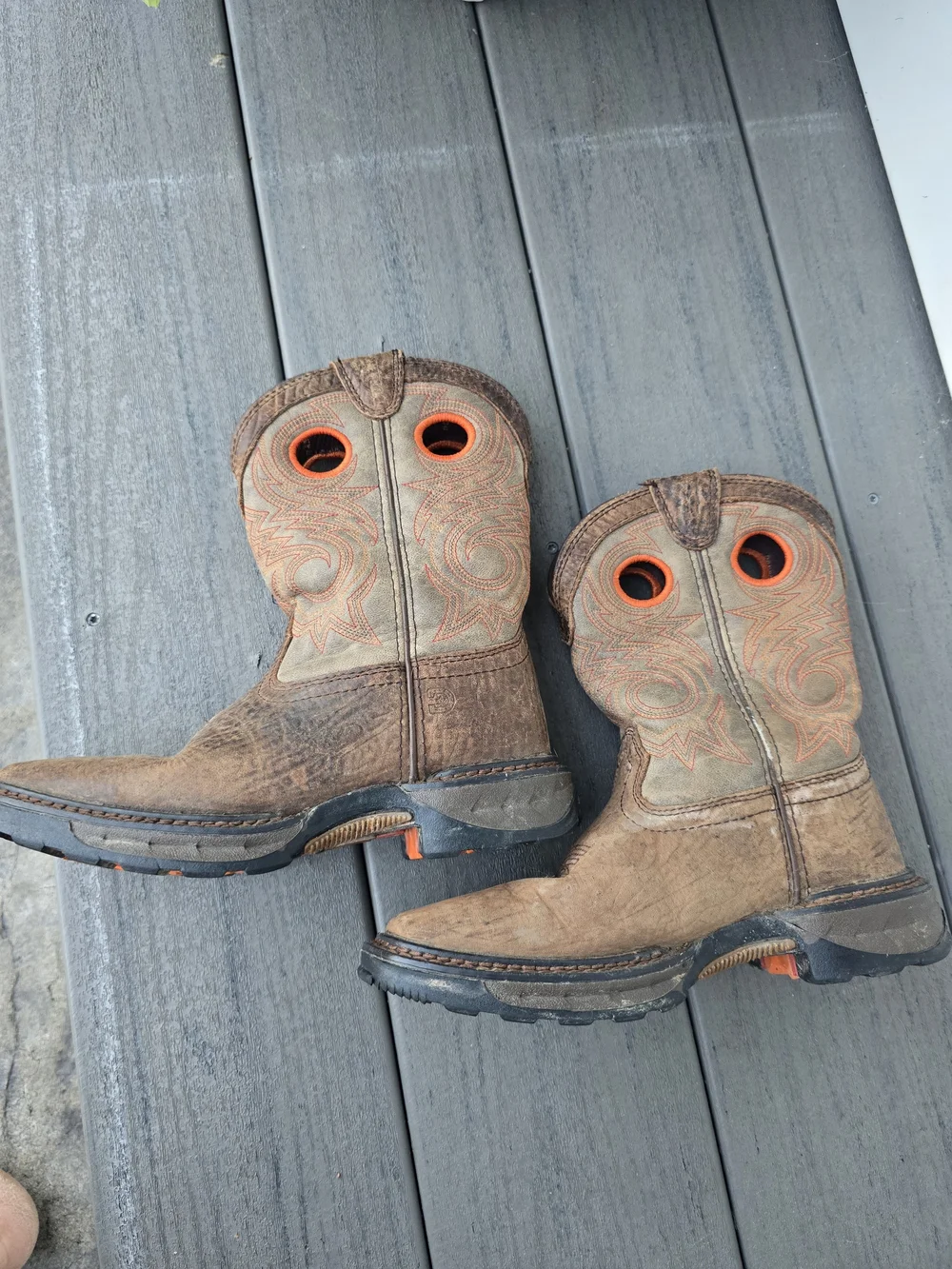 Durango Brown Kids Western Boots with Orange Pull Holes Size 1M